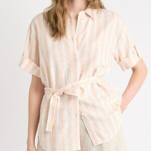 Short-Sleeve Belted Linen-Blend Blouse